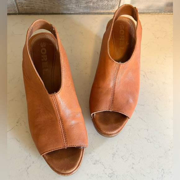 Sorel Nadia Camel Brown Leather Slingbacks Wedge Heeled Sandals - Picture 6 of 16